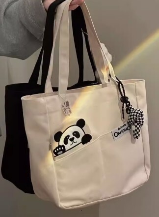 New Single Shoulder Large Capacity Fashion Handbag Urban Simple Open Solid Color Cute Panda Canvas Bag
