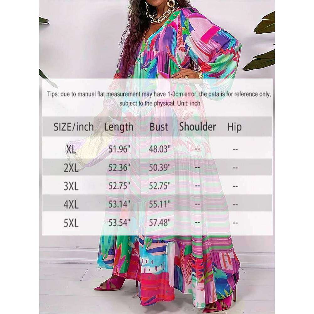 plus Size Women's Casual Dress Long Sleeve V-Neck Irregular Pattern Print Fall Winter New Personalized Apparel