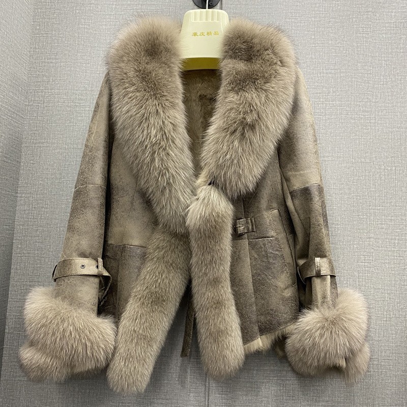 Haining fur coat rabbit fur integrated composite slim fit short large fox fur collar small fur coat 201212
