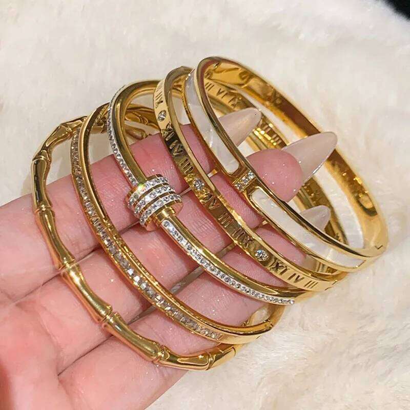 Stainless Bracelet,Inlaid Steel Bracelet, Fashionable 1pc Style, 10 Gold Classic Titanium With Zircon,For Womens Daily Wear XJ260127 Bracelet, Style, 