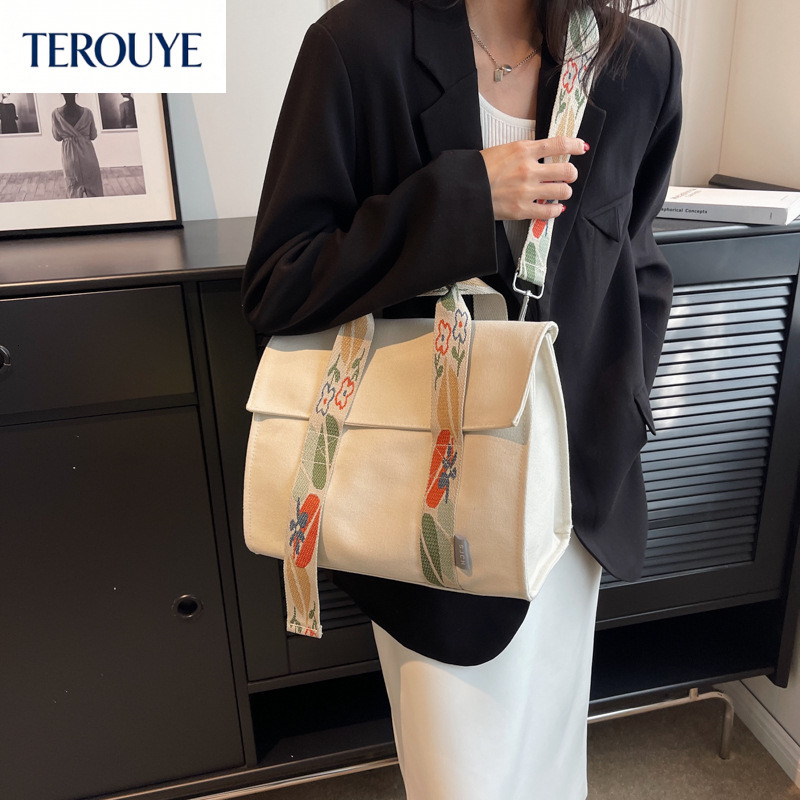 TEROUYE autumn and winter bag new large capacity women's canvas bag, fashionable and simple floral broadband handbag, women's shoulder bag,