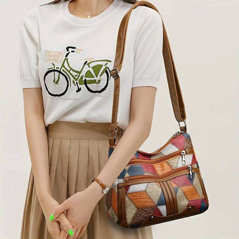 Women Geometric Pattern Synthetic Leather Crossbody Shoulder Bag Adjustable Strap Multi Color Options for Daily Use Work Travel