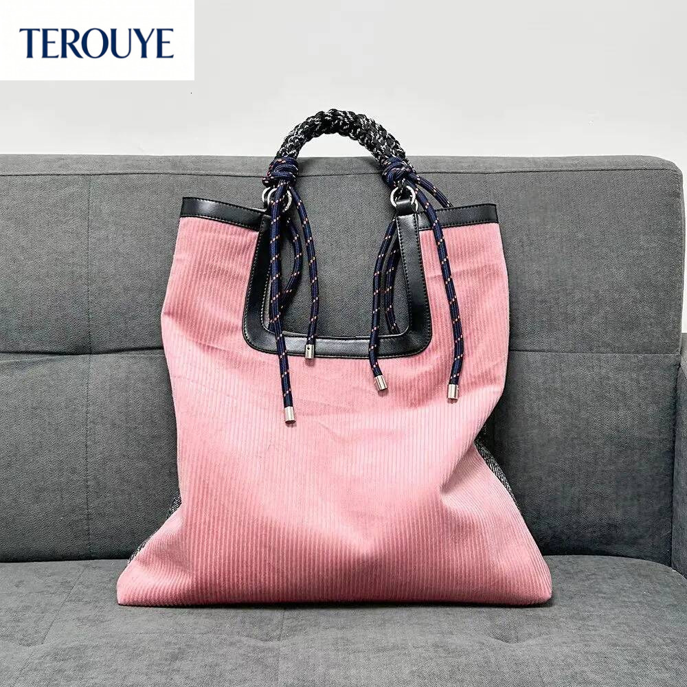 TEROUYE Autumn and Winter New Corduroy Handbag Vintage Large Capacity Splicing Weaving Knot Luxury Bag Fashion Trend Women's Shoulder Bag