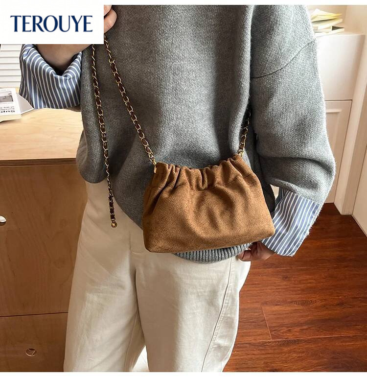 TEROUYE Retro suede bucket bag autumn and winter new Korean style elegant luxury armpit bag fashionable versatile women's shoulder bag