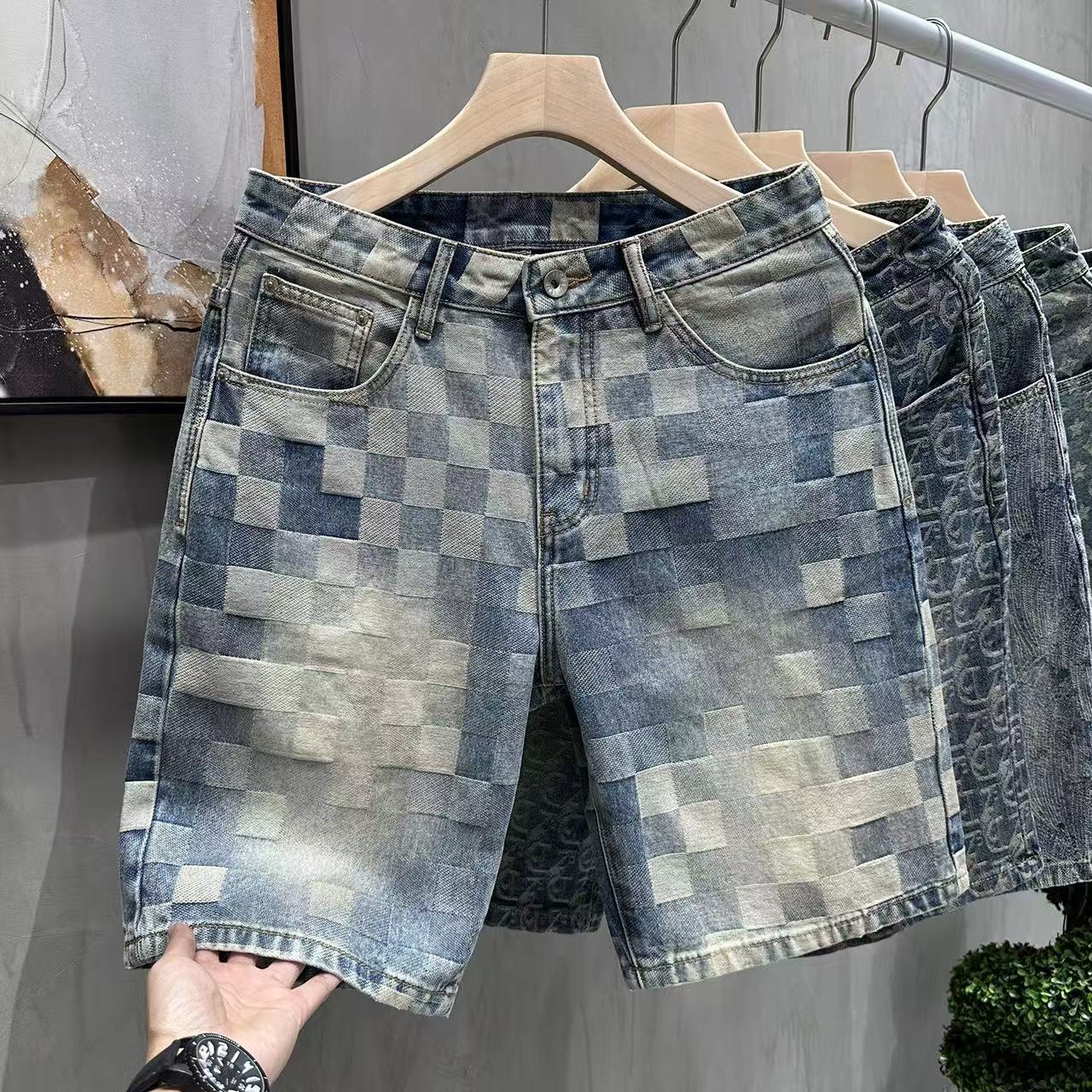 High end printed denim shorts from a trendy mens brand the new style of straight leg trousers for men available for the summer of 2026 222