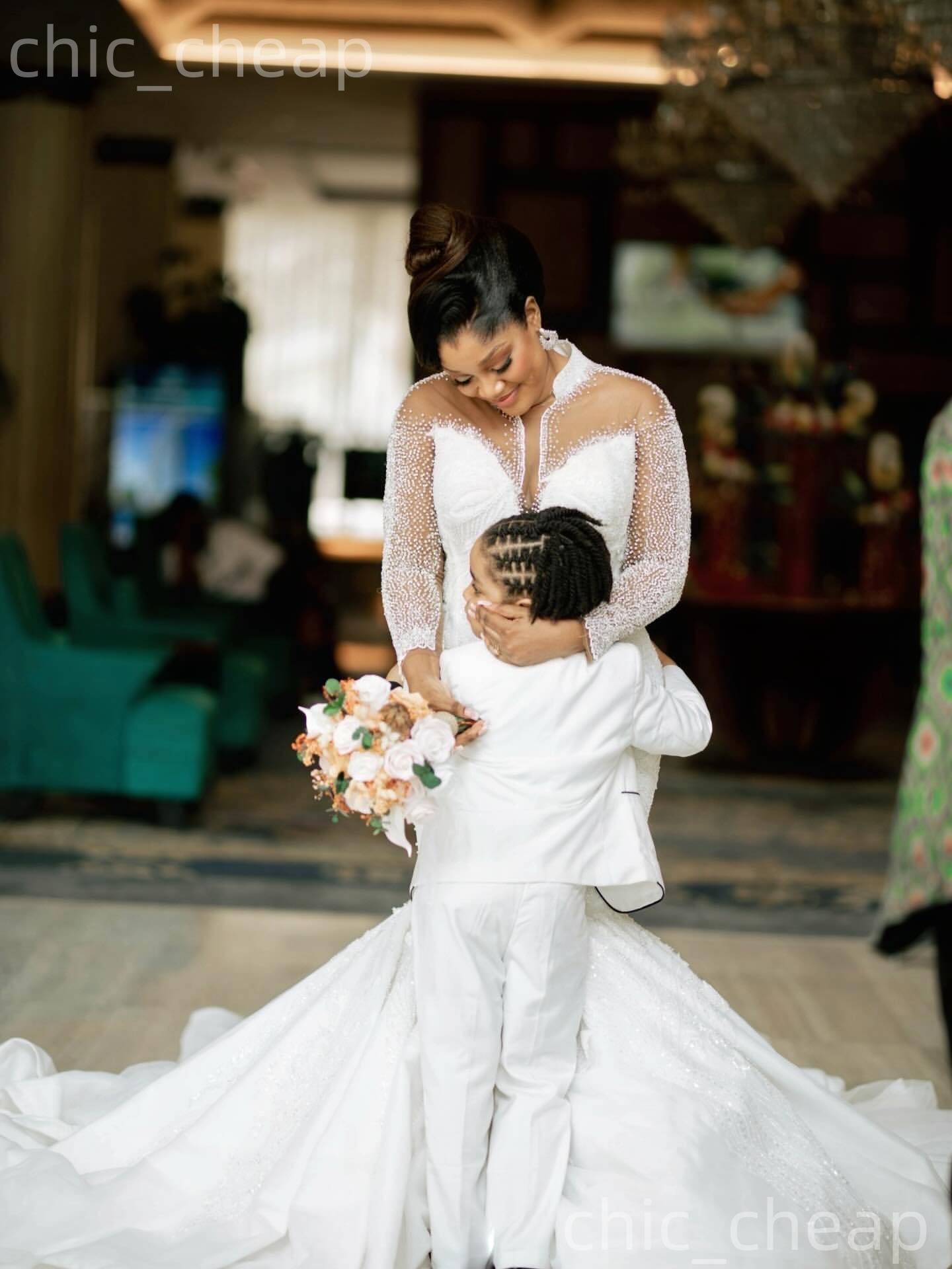 African Aso Ebi 2026 White Mermaid Wedding Dress High Neck Beaded Long Sleeves Sequined Sparkly Charming Bridal Gowns Dresses ZJ235