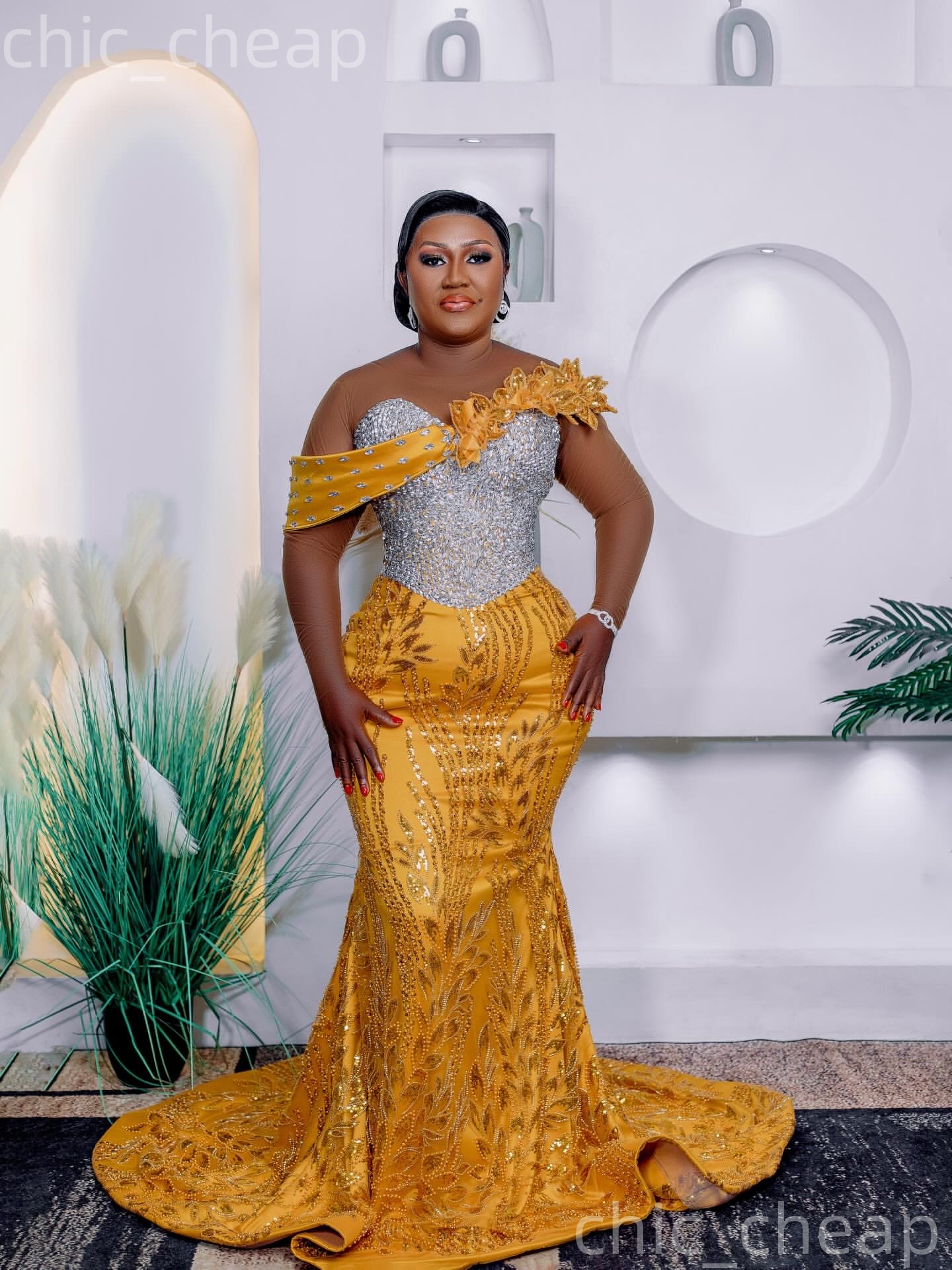 Aso Ebi Gold Mermaid Prom Dresses 2026 Crystals Flowers Long Sleeves Sequined Evening Formal Party Second Birthday Engagement Gowns Dress For Special 