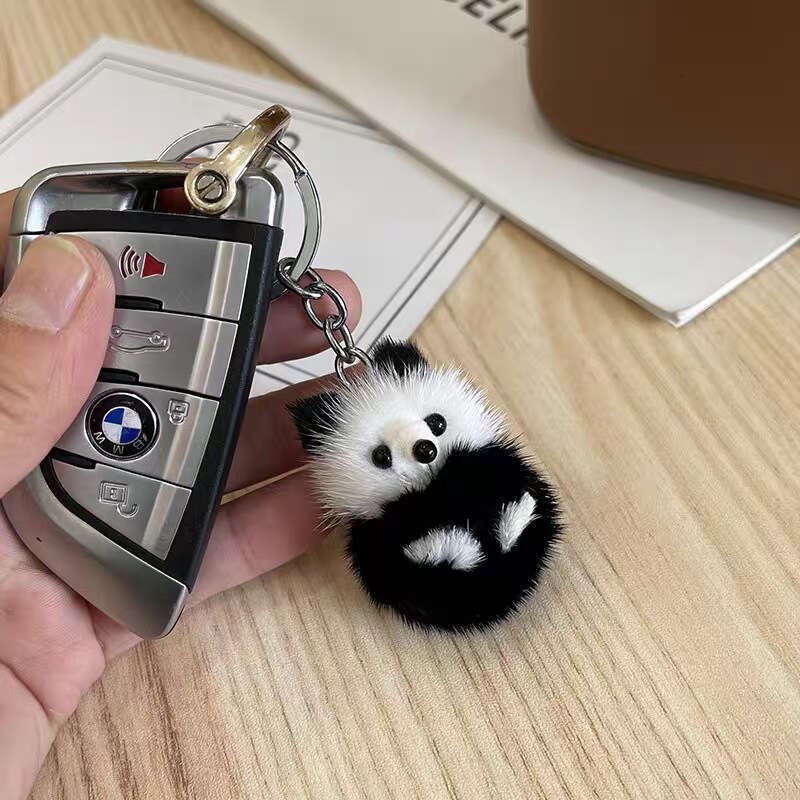 Cute Real Mink Fur Little Panda Car Keychain Pendant Plush Doll Backpack Decoration Small Gift S260126 00a