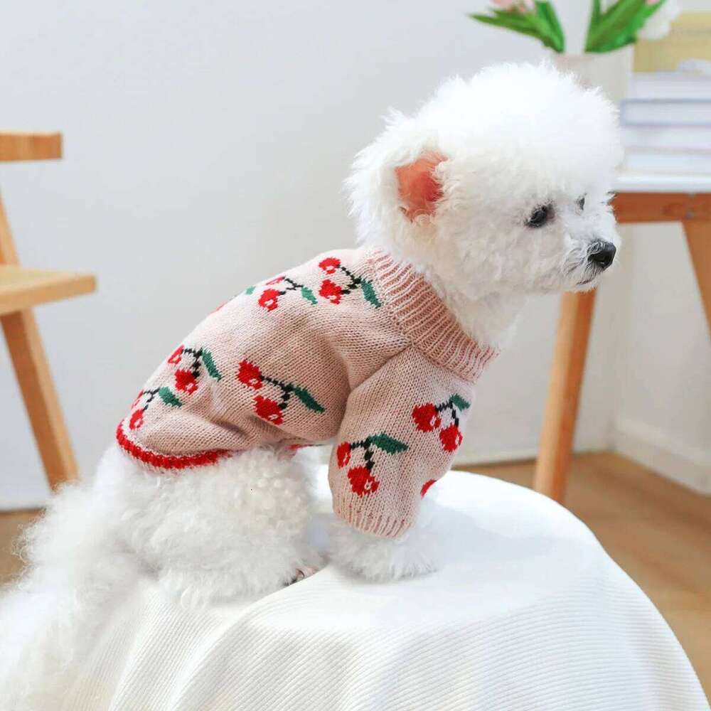 1Pc Pet Clothes Dog Cat Thickened Warm Winter Autumn Pink Cherry Elastic Jumper Knitted Sweater