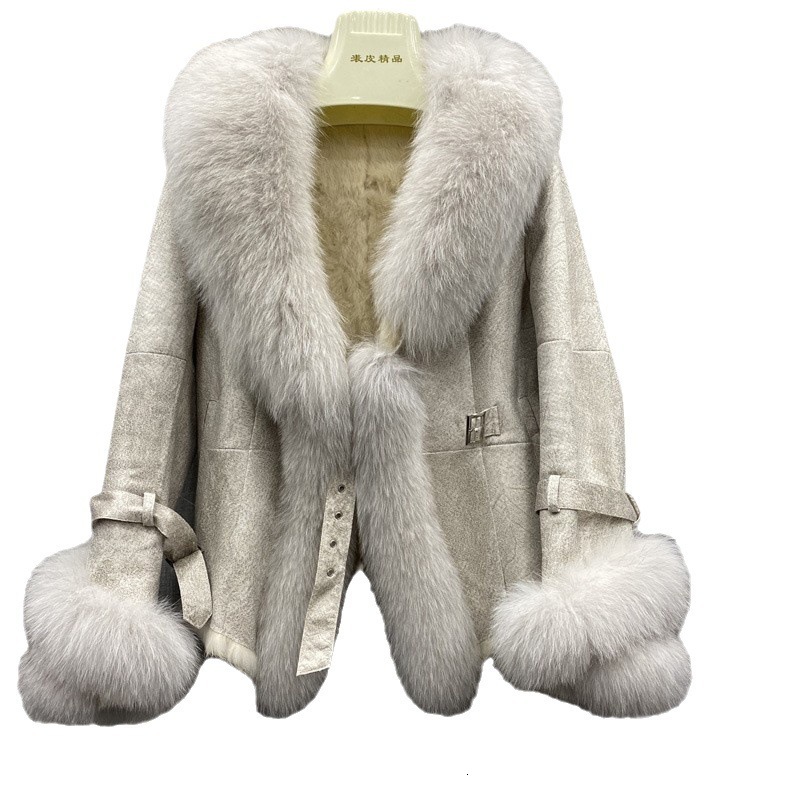 Haining fur coat rabbit fur integrated composite slim fit short large fox fur collar small fur coat 201212