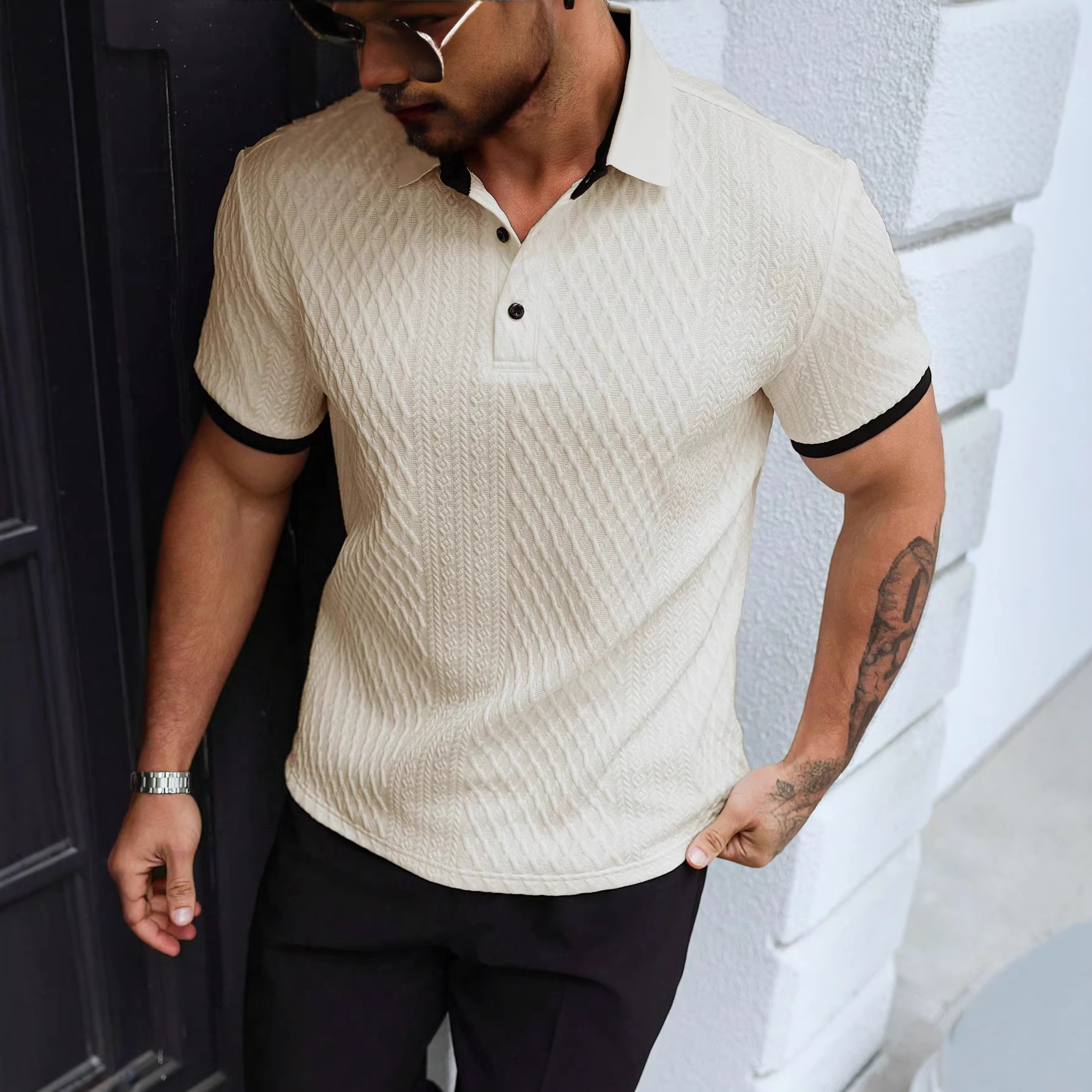 2026 Summer New Men's Simple Color Block Polo Shirt Button Down Collar Knitted Fabric Short Sleeve Top Apricot and White