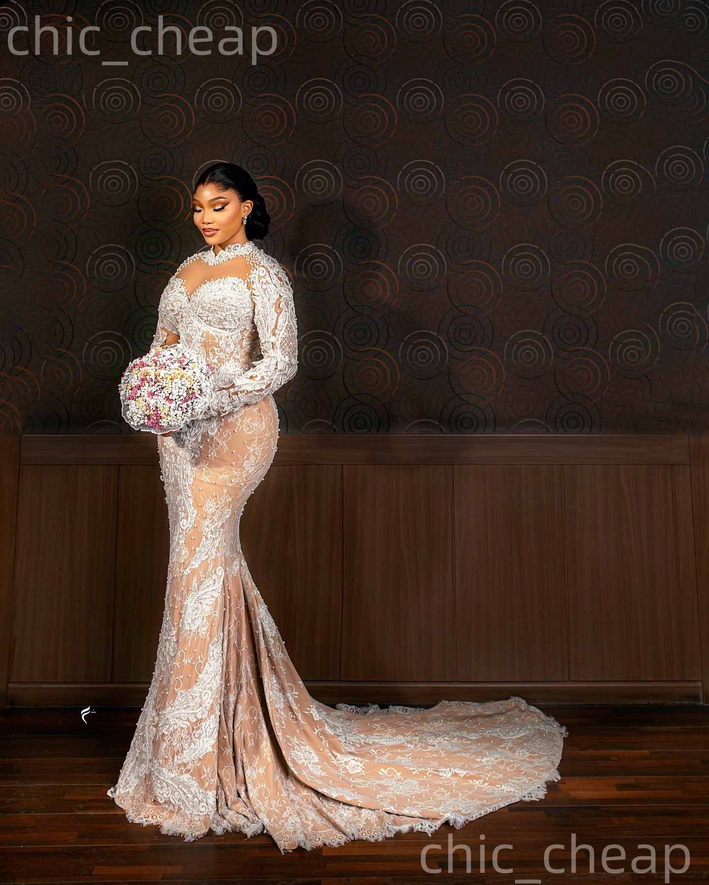 African Aso Ebi 2026 Ivory Mermaid Wedding Dress Pearls Illusion Lace Full Sleeves Sheer Neck Vintage Bridal Gowns Dresses ZJ234