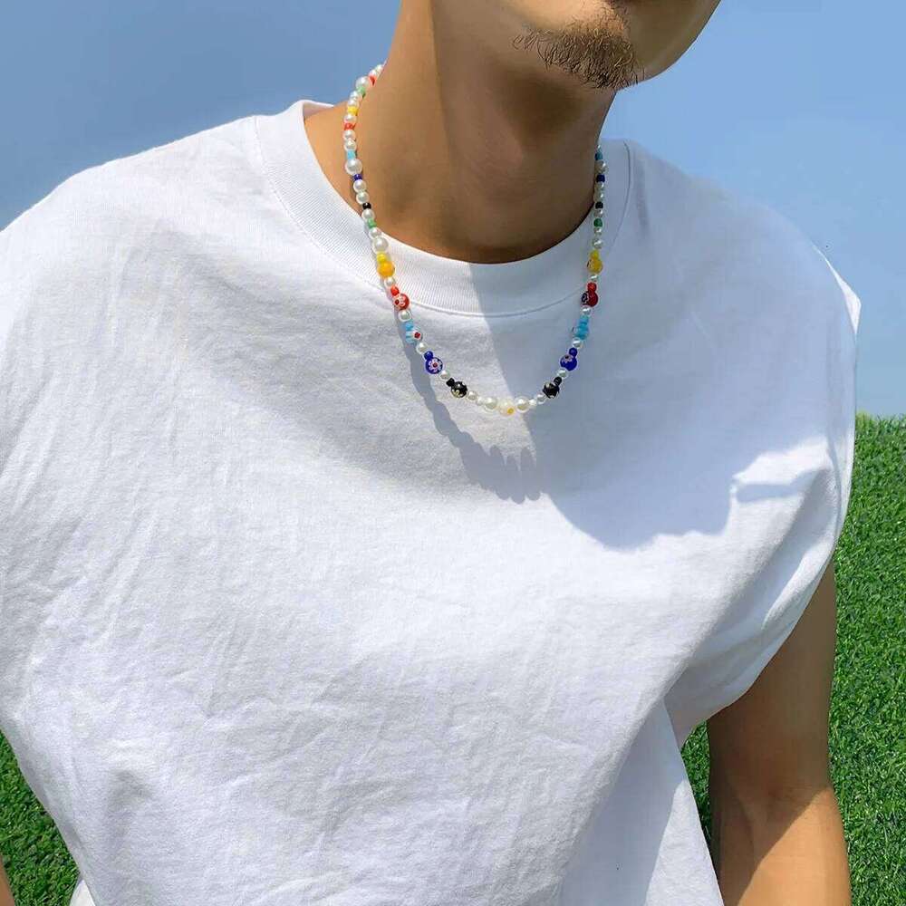 Hip Hop Color Glazed Beads Chain Retro Men Acrylic Pearls Necklaces Bohemian Jewelry Trendy Accessories 26W01127