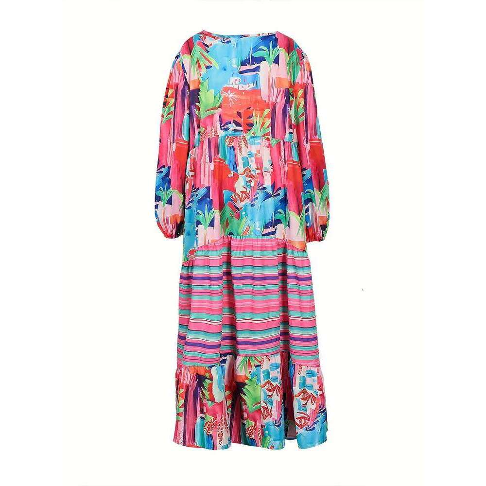plus Size Women's Casual Dress Long Sleeve V-Neck Irregular Pattern Print Fall Winter New Personalized Apparel
