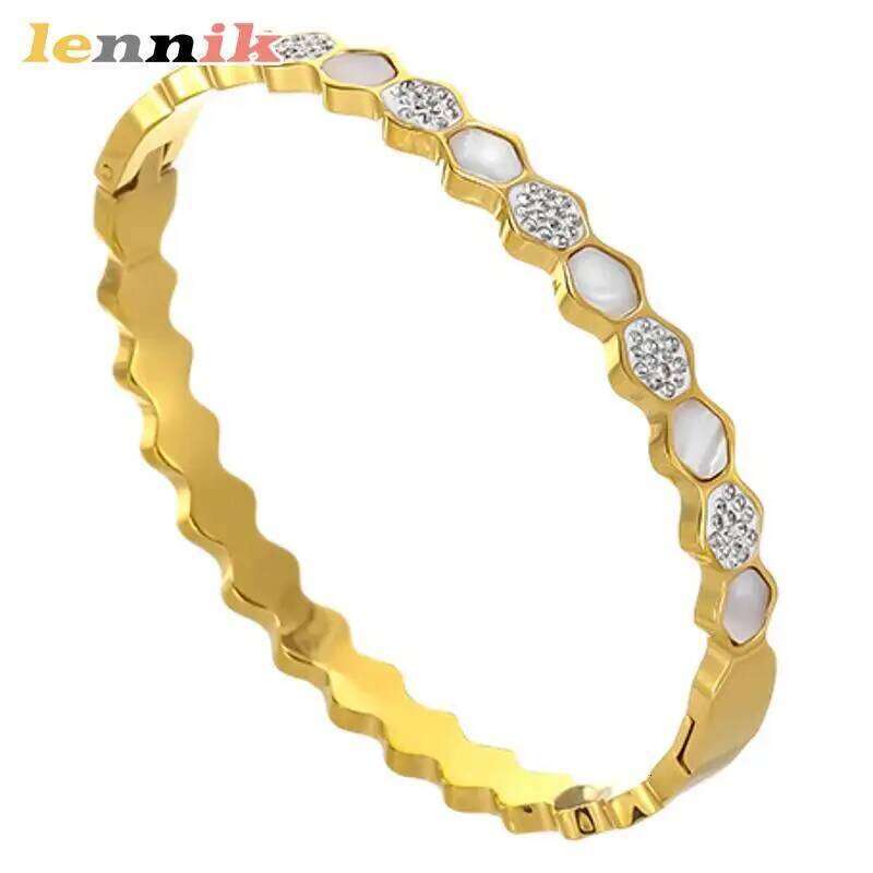 LENNIK Women's Titanium Steel Bracelet, New European American Style, Simple Stylish, Clasp Design,Shell Inlaid Diamonds,Hot Sale XJ260127