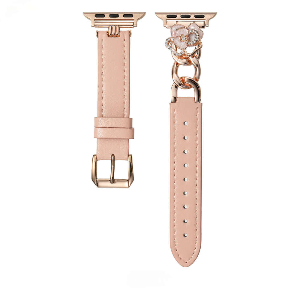 Camellia Charm Calf Leather Strap for Apple Watch Series 11/10/9/8/7 Elegant Metal Accent Wristband