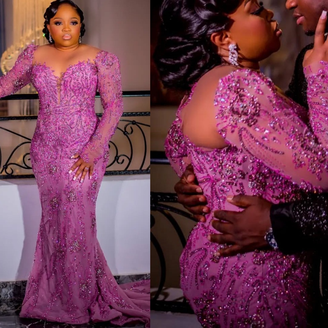 Aso Ebi Lilac Mermaid Prom Dresses 2026 Beaded Crystals Full Sleeves Sequined Evening Formal Party Second Birthday Engagement Gowns Dress For Special 