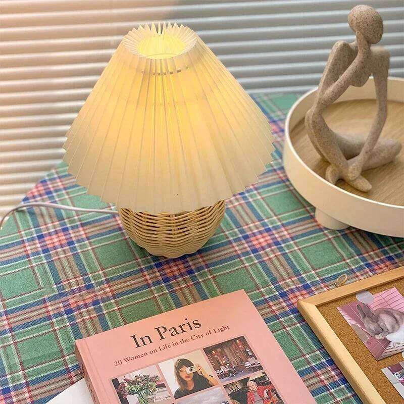 Pleated Rattan LED Living Room Table Standing Study Desk Bedside Lamp Home Office Decoration Night Light Z260127