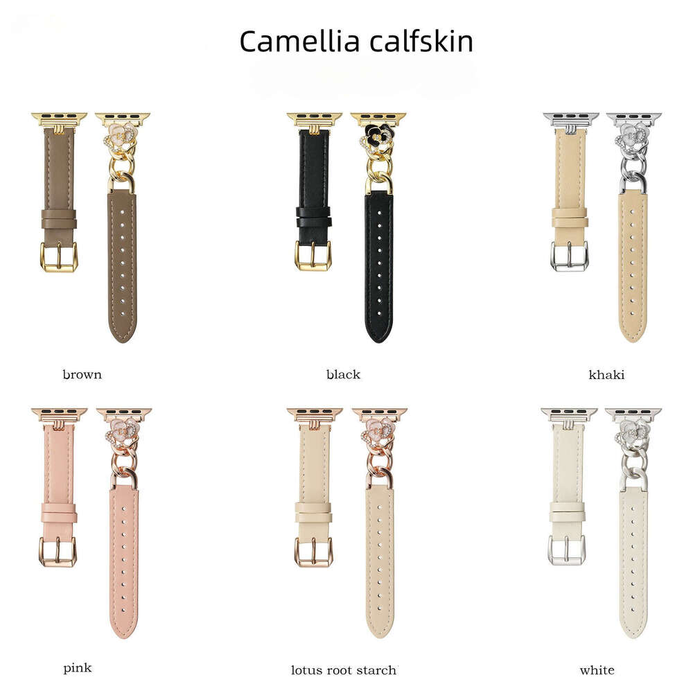 Camellia Charm Calf Leather Strap for Apple Watch Series 11/10/9/8/7 Elegant Metal Accent Wristband