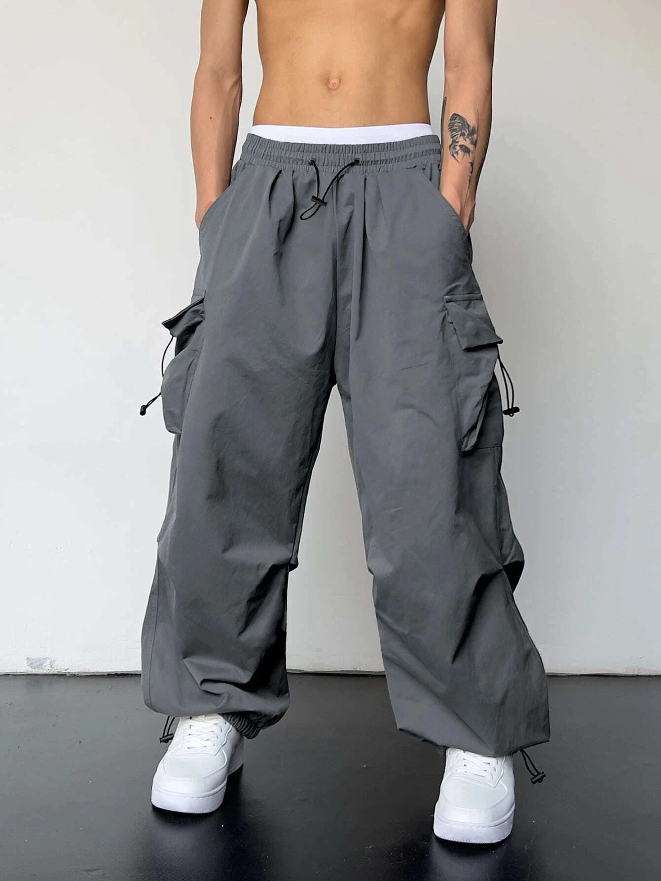 Mens Parachute Cargo Pants Adjustable Cuffs Roomy Pockets Edgy Streetwear 260127