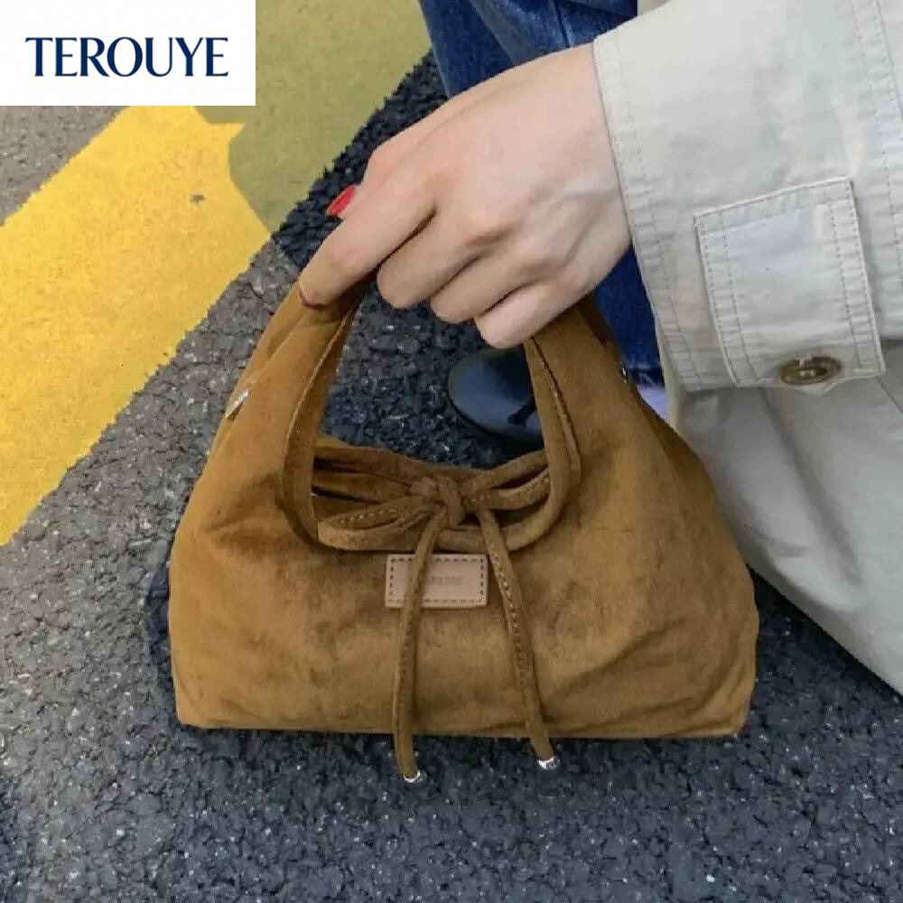 TEROUYE Korean style niche suede design bow handbag autumn and winter new retro luxury armpit bag women's shoulder bag fashion trend