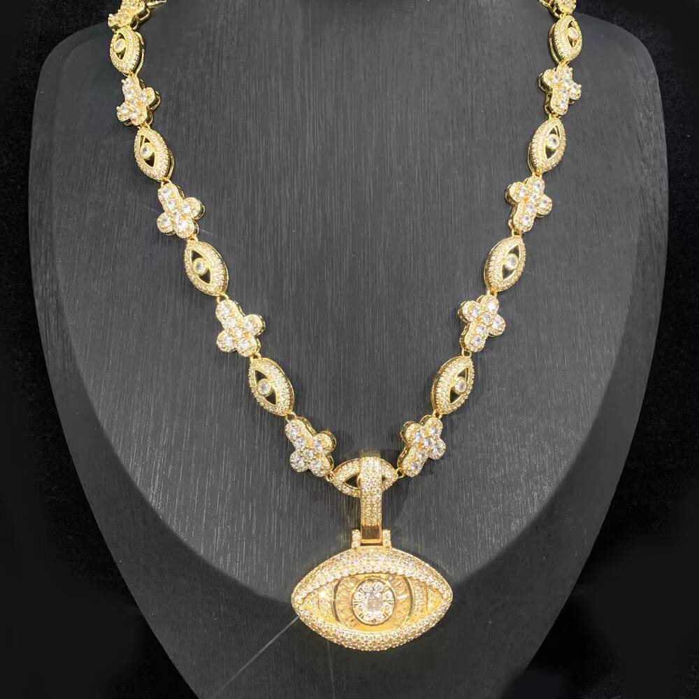 Hip Hop Cross Eye Pendant with Cuban Chain Necklace Set 5A Zircon Real Gold Plated Jewelry