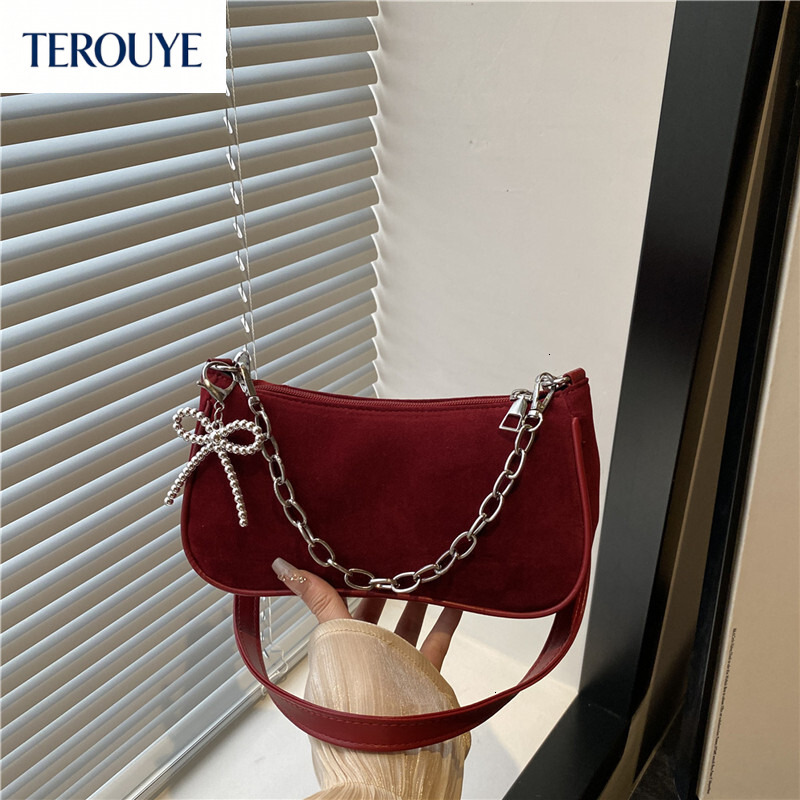 TEROUYE Korean suede niche design chain handbag autumn and winter new women's armpit bag fashionable and simple design bow