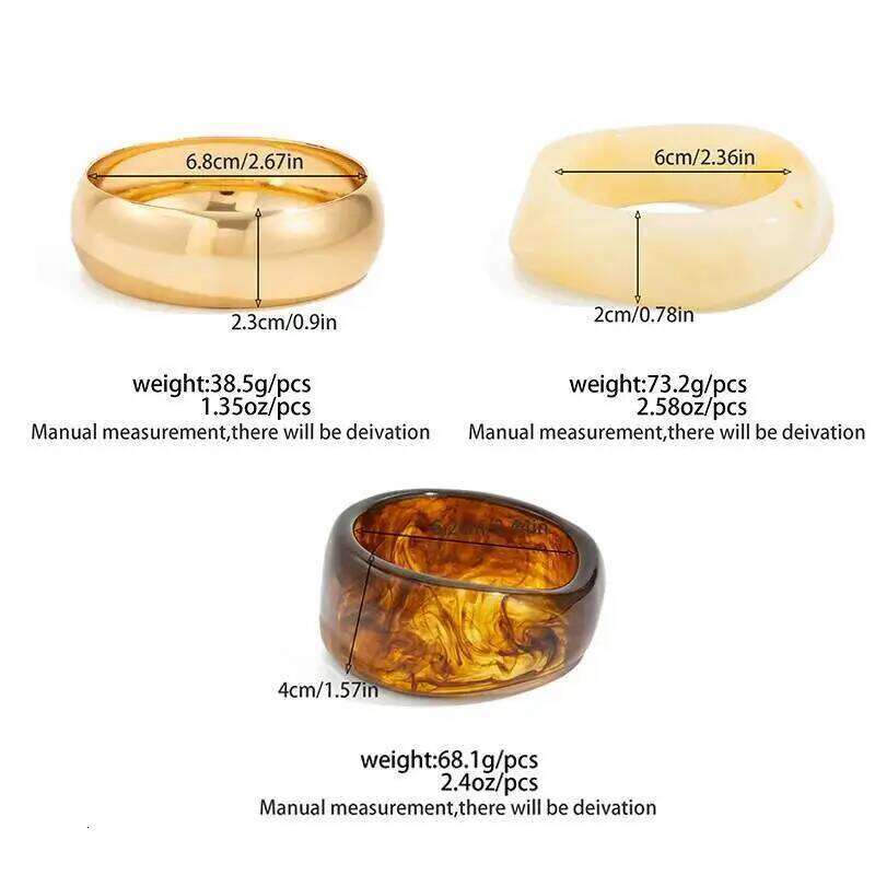 Salircon 3 Style Trendy Exaggerated Resin Wide Bangle Women HipHop Gold Color Geometric Heavy Metal Bangles Bracelet Men Jewelry XJ260127