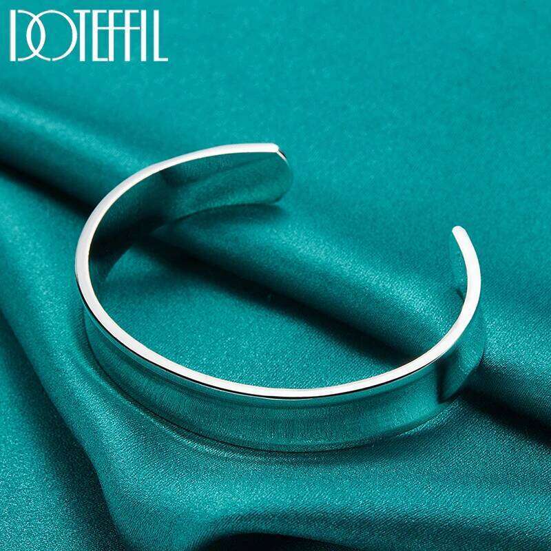 DOTEFFIL 925 Sterling Silver 12mm Smooth Adjustable Bangle Bracelet For Man Woman Fashion Wedding Engagement Party Jewelry XJ260127