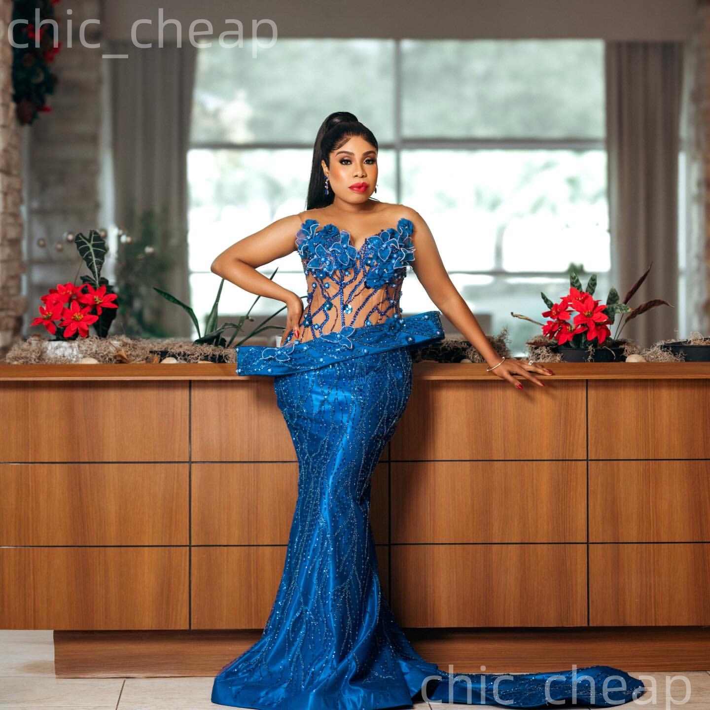 Aso Ebi Royal Blue Mermaid Prom Dresses 2026 Flowers Beaded Illusion Sequined Evening Formal Party Second Birthday Engagement Gowns Dress For Special 
