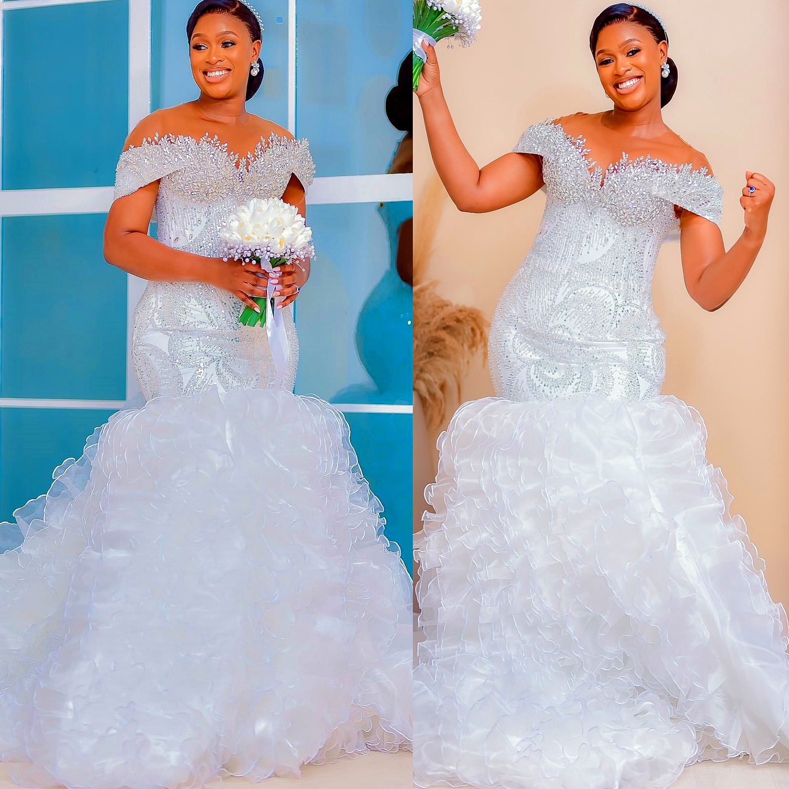 African Aso Ebi 2026 Ivory Mermaid Wedding Dress Sheer Neck Crystals Sequined Tiers Organza Sparkly Elegant Bridal Gowns Dresses ZJ230