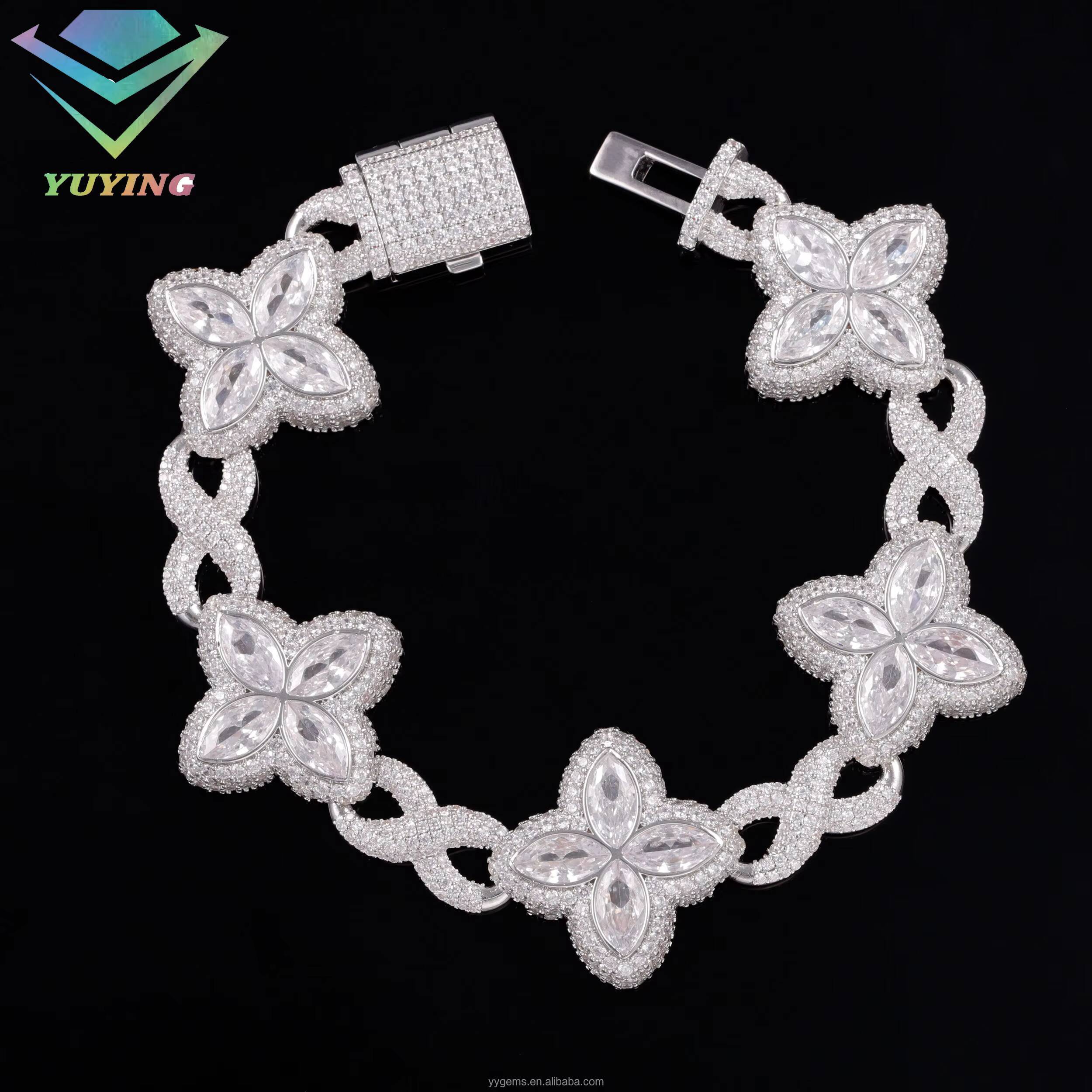 Popular Clover Bracelet Hip Hop Jewelry 925 Sterling Silver Gold Plated Men Bracelet Four Leaf Clover Moissanite Cuban Bracelet