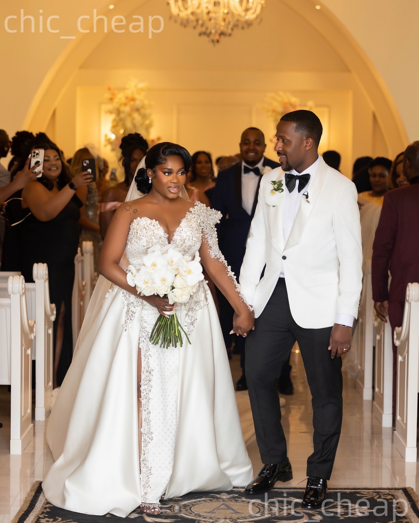 African Aso Ebi 2026 Ivory Sheath Wedding Dress One Shoulder Appliques Crystals Satin High Split Detachable Train Vintage Bridal Gowns Dresses ZJ2372