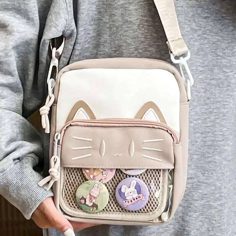 Y2K Cute Cartoon Cat Ita Shoulder Bags Mini Women Casual Crossbody Bag Kawaii Girls Transparent Pocket DIY Display Nylon Handbag