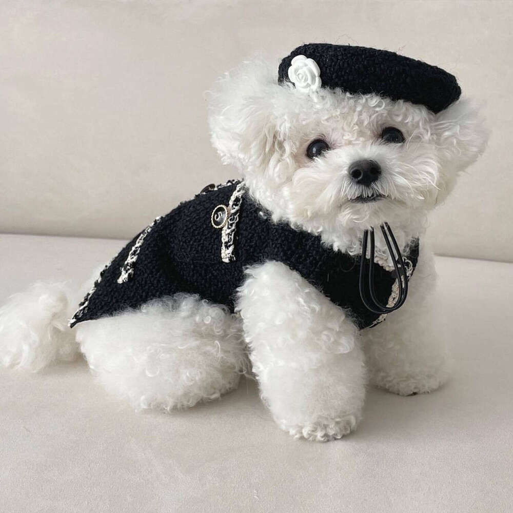 High End Elegant Girl Coat Tweed Luxury Coco Styles Winter Autumn Pet Jacket Female Dog Small Puppy Dresses Suit With Hats