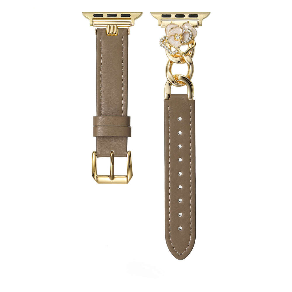 Camellia Charm Calf Leather Strap for Apple Watch Series 11/10/9/8/7 Elegant Metal Accent Wristband