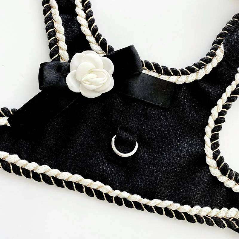 Dog Chest Strap Camellia Harness Vest with Leash Set for Small and Medium & Dogs Walking, Black, Luxury Designer Clothes pet supplies Walking, Black,