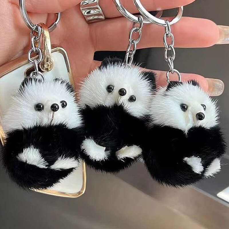 Cute Real Mink Fur Little Panda Car Keychain Pendant Plush Doll Backpack Decoration Small Gift S260126 1cf