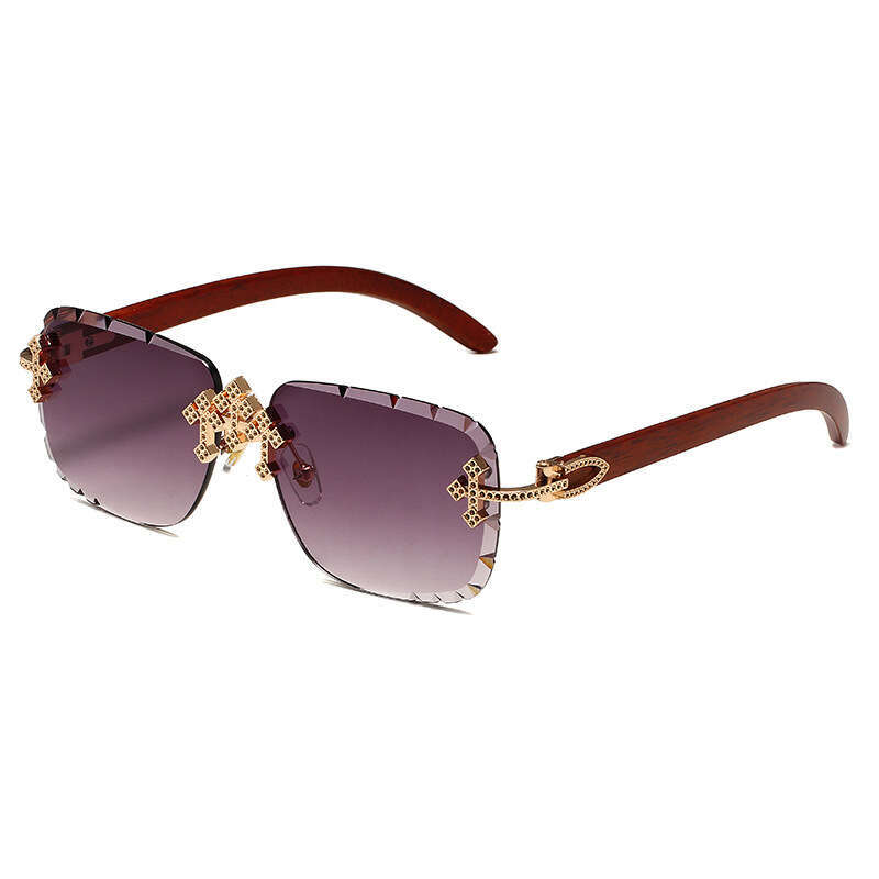 Sunglasses Cross Diamond Accented Rimless Metal Frame with Starry Sky Design and Wood Grain Temples for Driving and Vacation High Quality Texture