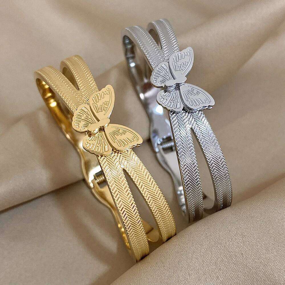 Trendy Butterfly Stainless Steel Charm Bracelet For Women Girls Sweet Gold Silver Color Waterproof Cuff Bangle Party Jewelry XJ260127