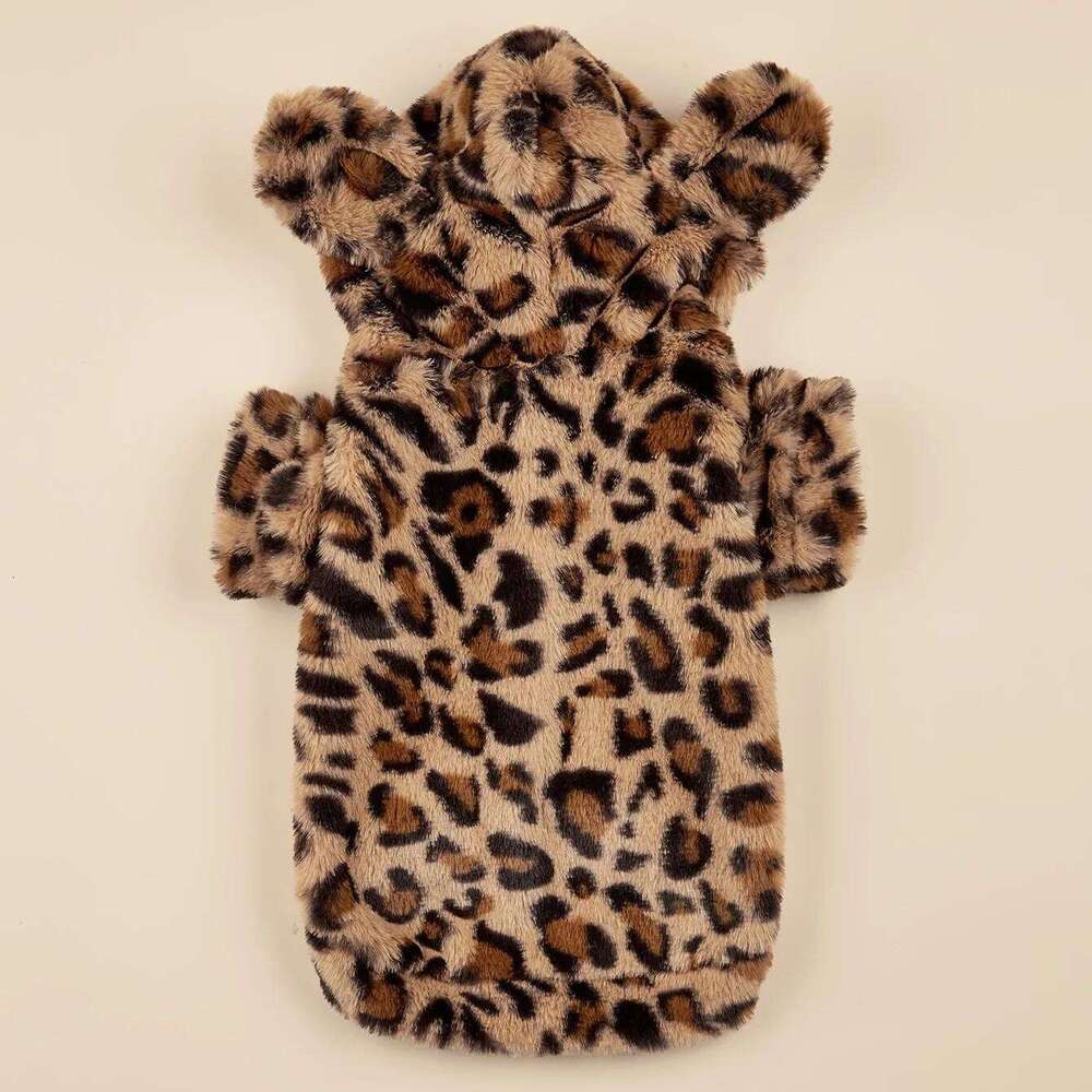 For Small & Medium Dogs, Leopard Hoodie With Ears, Plush Dog Clothes, Pet Apparel