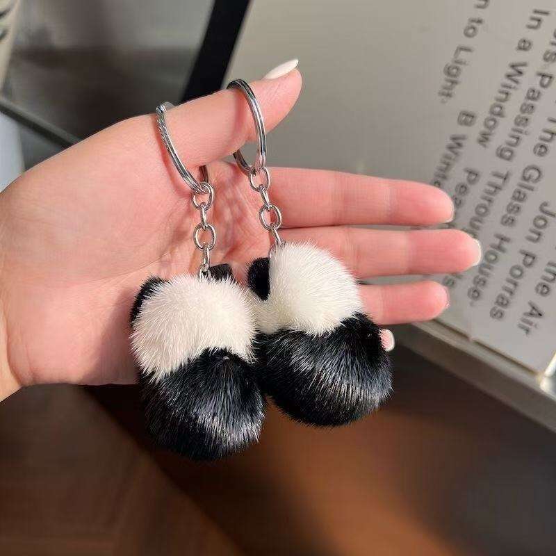 Cute Real Mink Fur Little Panda Car Keychain Pendant Plush Doll Backpack Decoration Small Gift S260126 ba9