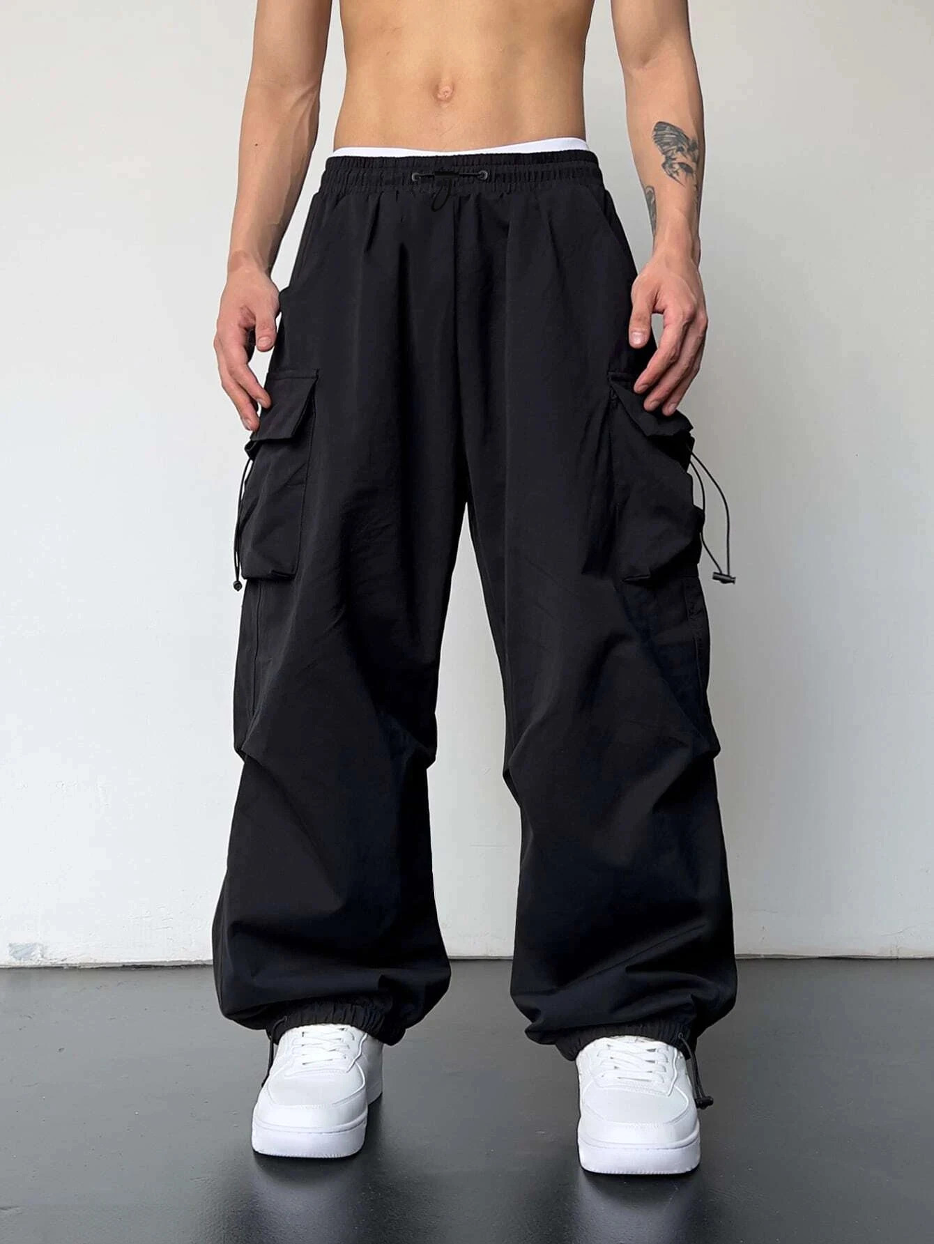 Mens Parachute Cargo Pants Adjustable Cuffs Roomy Pockets Edgy Streetwear 260127
