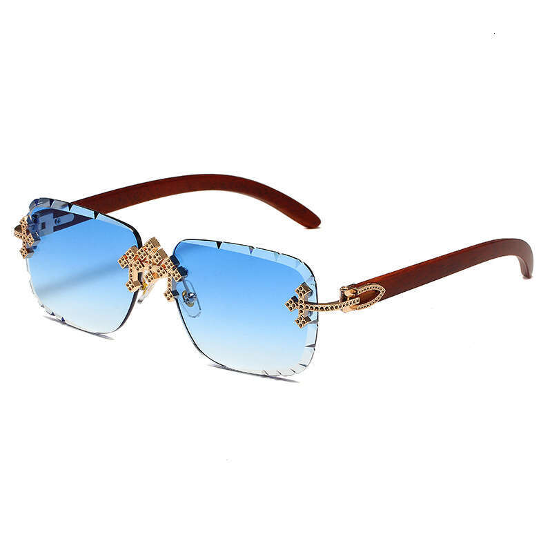 Sunglasses Cross Diamond Accented Rimless Metal Frame with Starry Sky Design and Wood Grain Temples for Driving and Vacation High Quality Texture