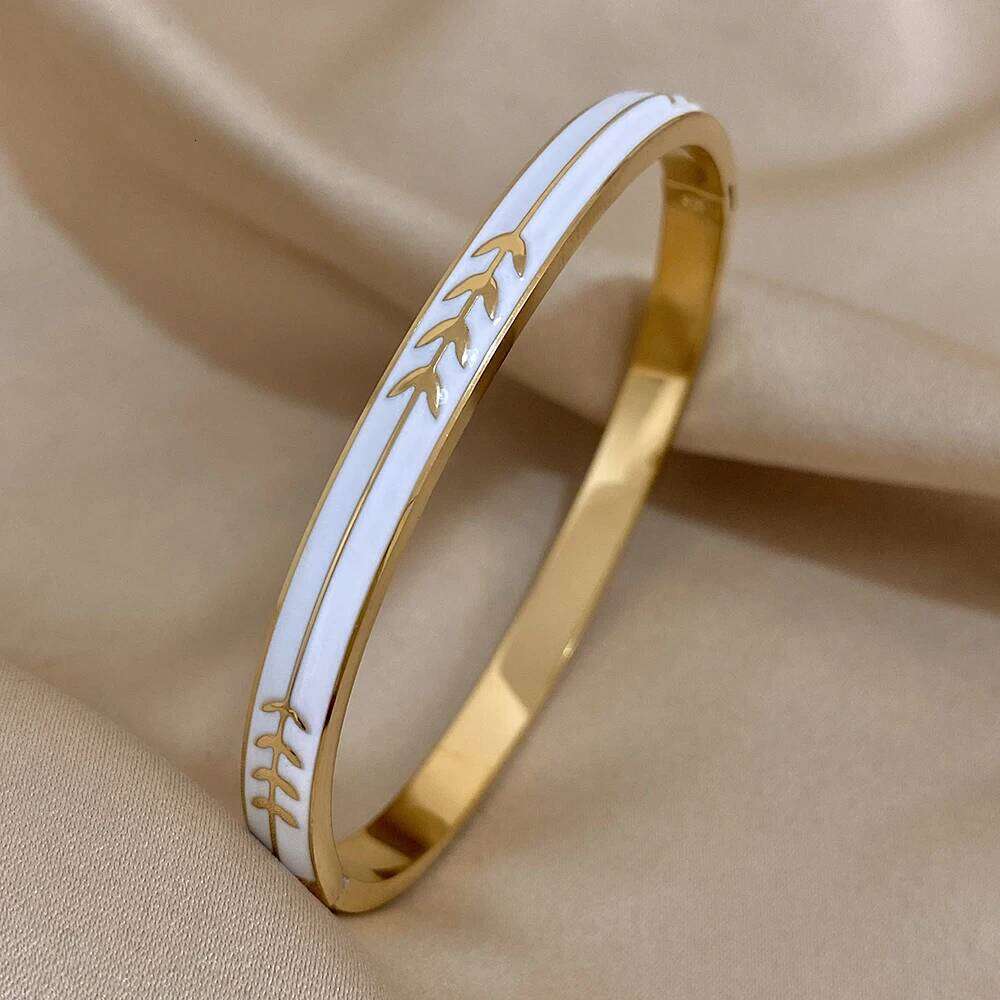Fashion Enamel Painted Leaf Stainless Steel Bangle Women Vintage Wheat Arrow Ornament Cuff Bracelets Waterproof Golden Wristband XJ260127