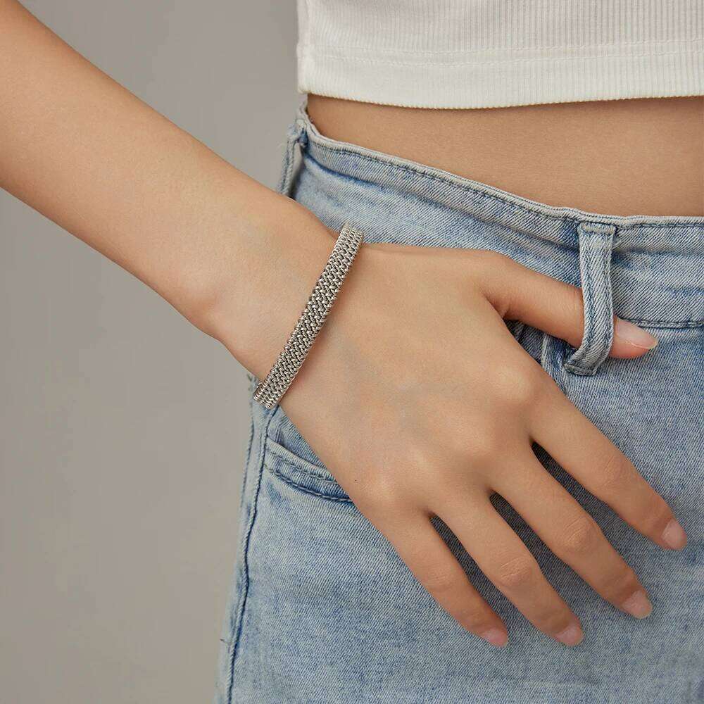 VQYSKO 8MM Woven Flat Mesh C-Shaped Open Bracelet Vintage Stainless Steel Chain Jewelry Women Men Gift Waterproof XJ260127