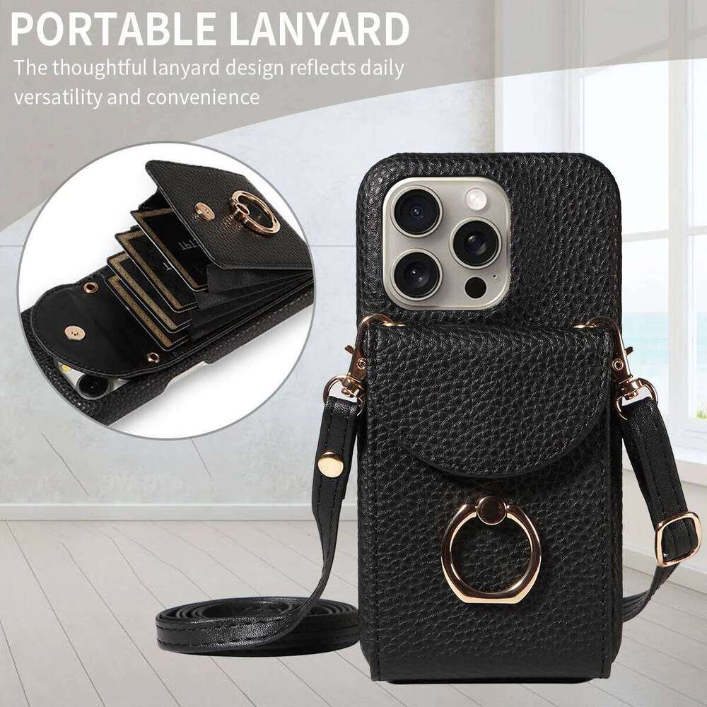 High Quality Ring Stand Lychee Pattern Phone Case for IPhone16promax15 14 13 Crossbody with Lanyard PU Leather Anti-fall Cover 26H0127