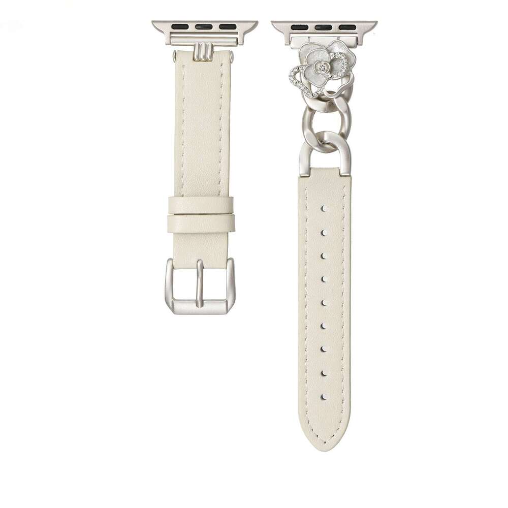 Camellia Charm Calf Leather Strap for Apple Watch Series 11/10/9/8/7 Elegant Metal Accent Wristband