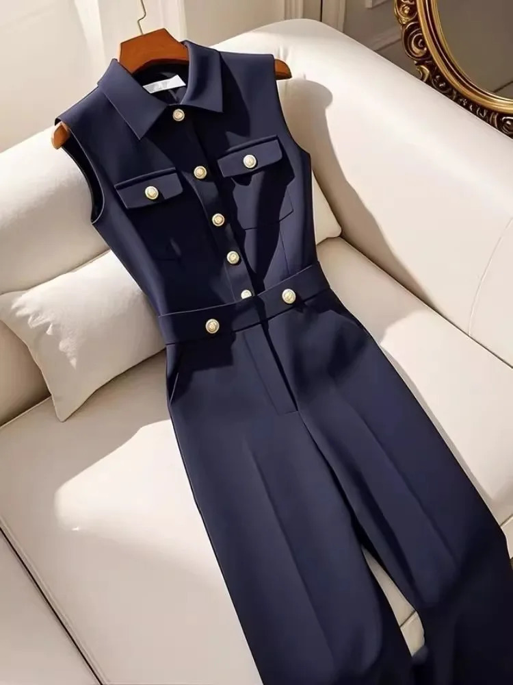 Frence Retro Polo Collar Single Breasted Pockets Navy Blue Jumpsuits Fashion Office Lady All match Summer Long Jumpsuit Elegant 260124