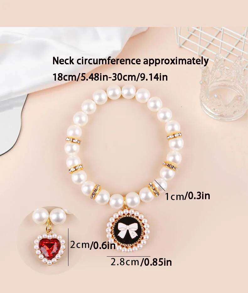 Pet Diamond Heart-Shaped Pearl Collar, Dog Pendant, Cat Necklace, Pet Jewelry